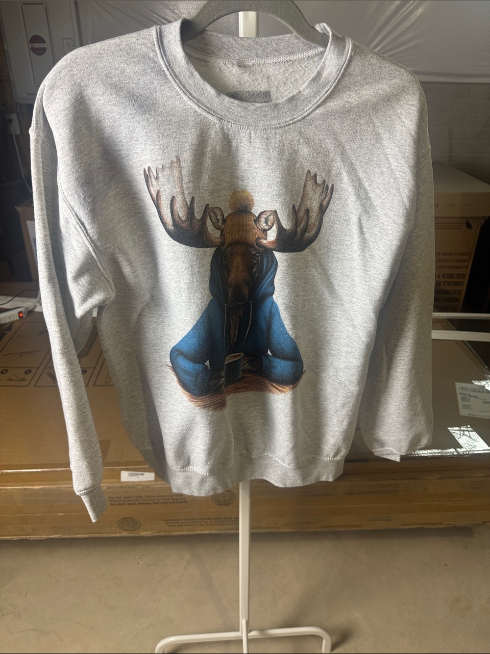 Gray Crewneck Sweatshirt with Moose Graphic